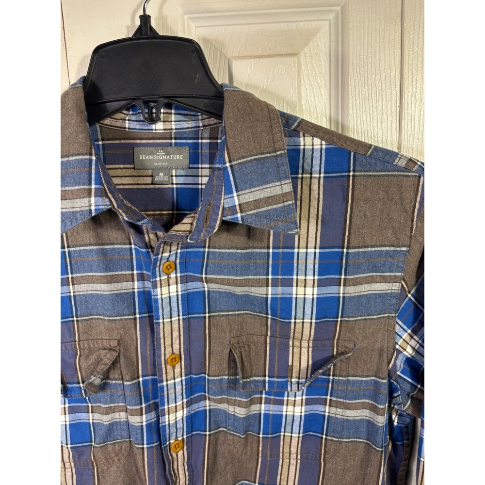 LL Bean Signature Flannel Shirt Mens Medium M Blue Brown Plaid Long Sleeve‎